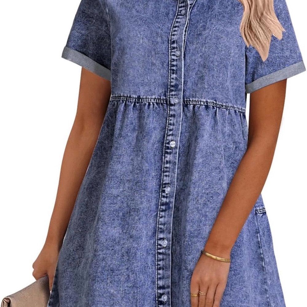 Short-Sleeve Blue Denim Button-Front Mini Dress